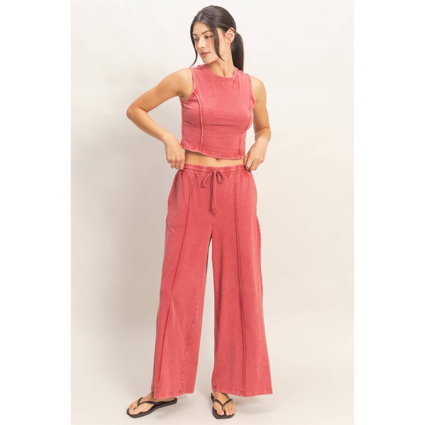 Mineral Washed Sleeveless Top & Wide Leg Pants Set: FUCHSIA / S-M-L(2-2-2)
