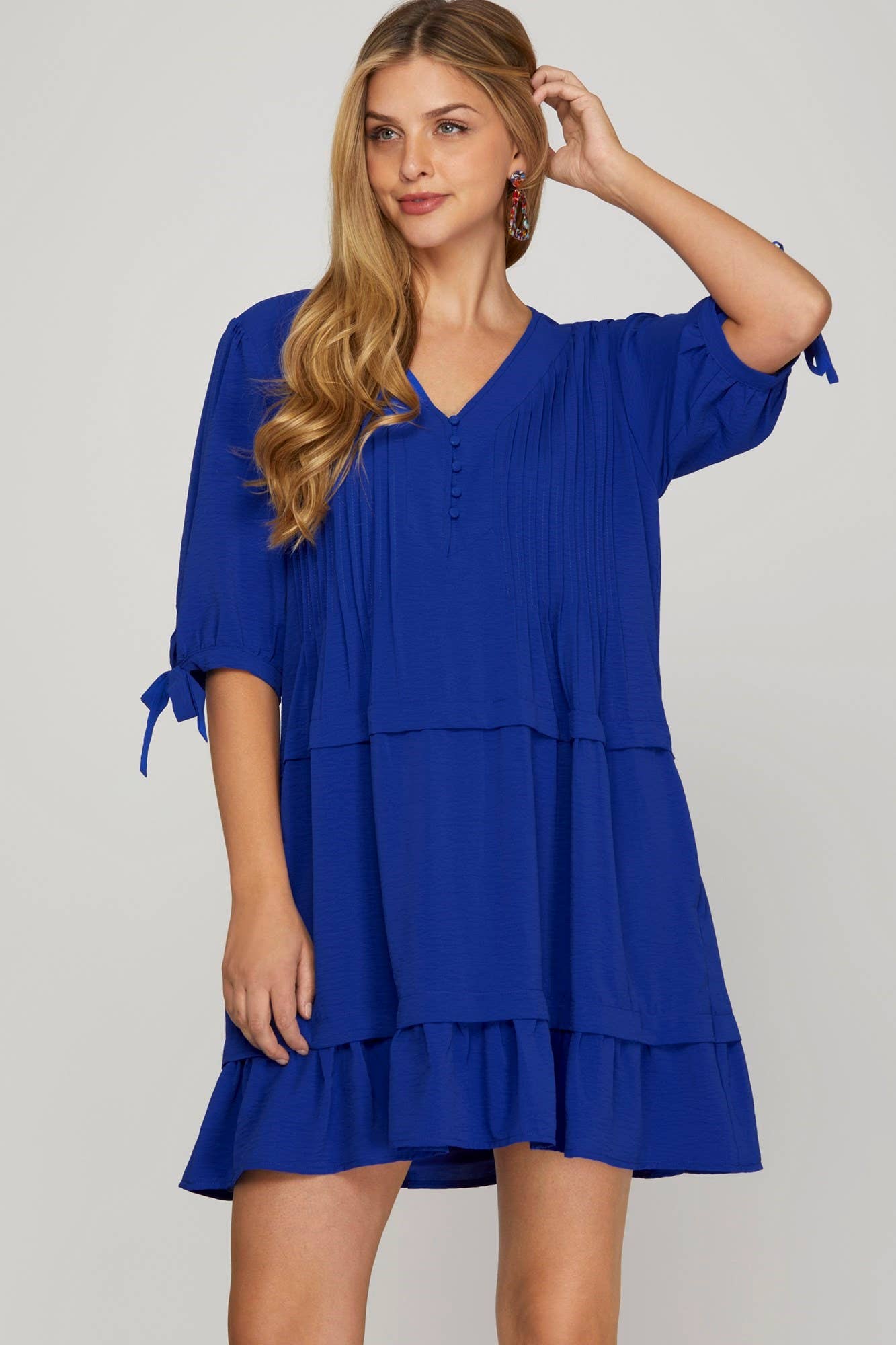 1/2 Sleeve Pintuck Detail Mini Dress With Pockets: R BLUE / 2-2-2 (S-M-L)