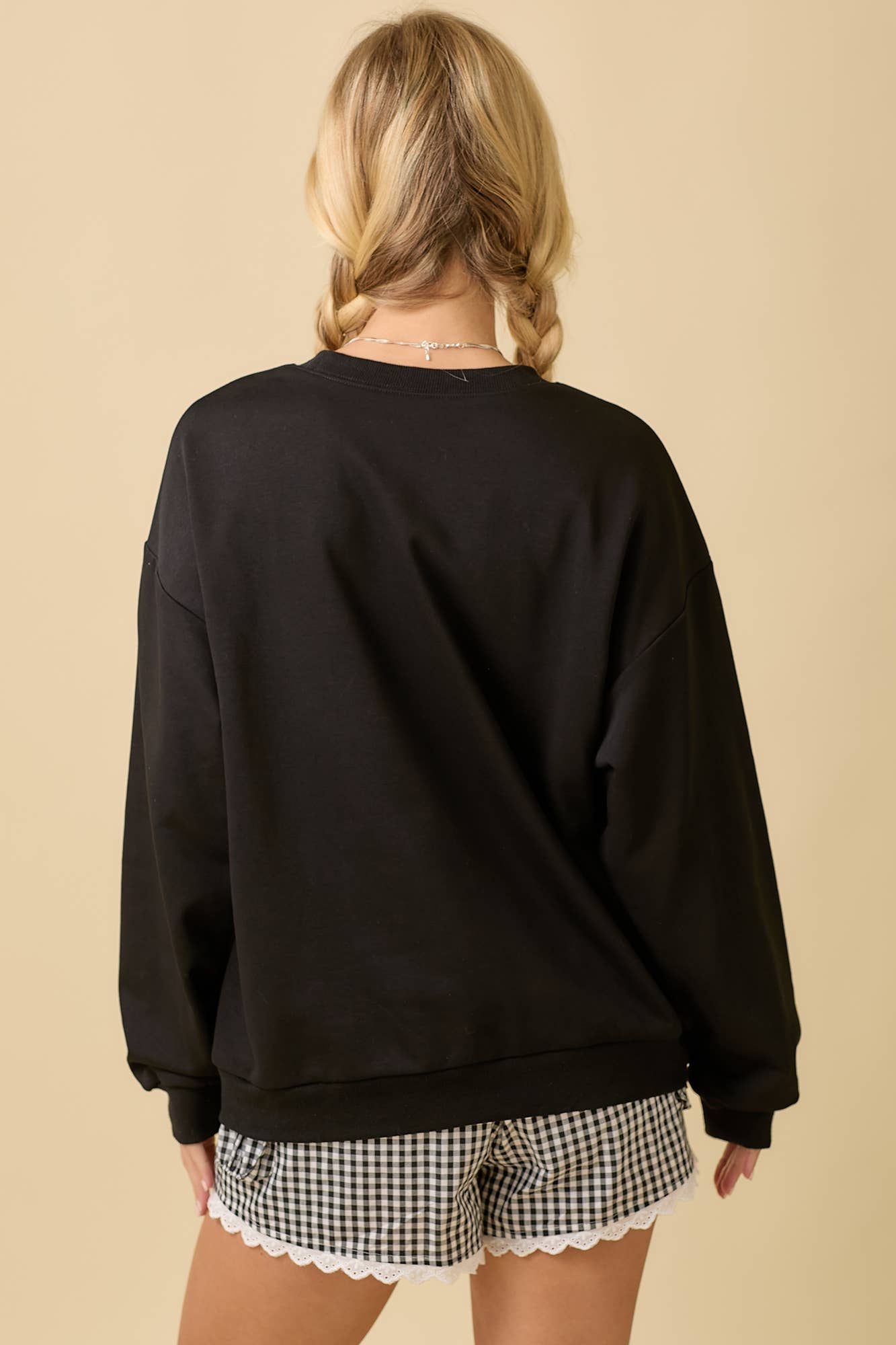 Football Game Day Patchwork Long Sleeve Crewneck Top: BLACK / S