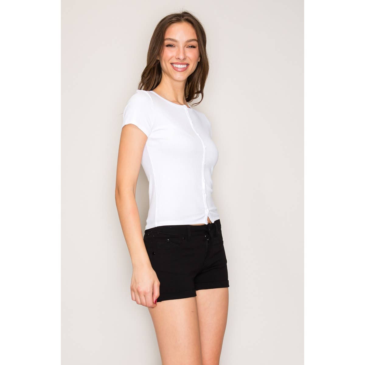 Button Down Short Sleeve Rib Top: Red / S-M-L(2-2-2)