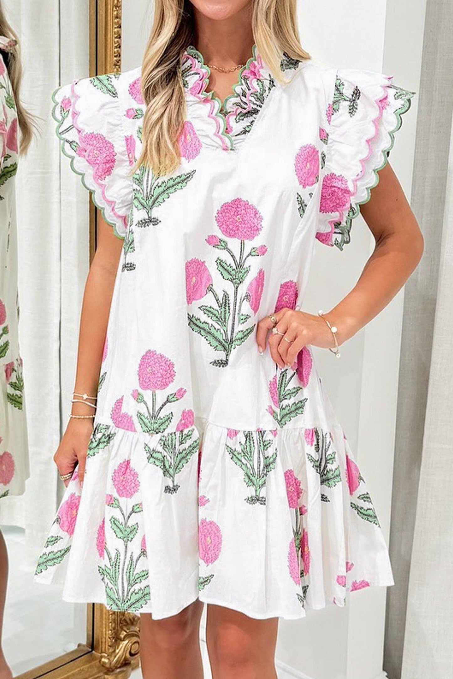 Wild Floral Print Scalloped Embroidery Trim V Neck Drop Waist Mini Dress: White / 50%Viscose+50%Cotton / XL