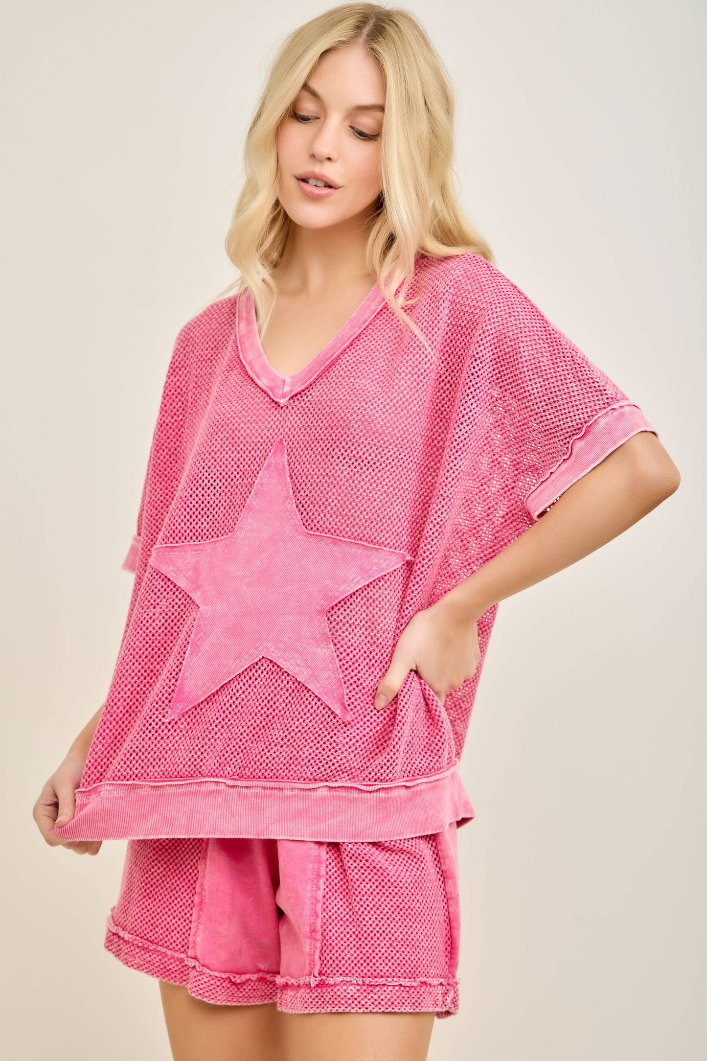 MineralWashed Star patched Mesh Knit Vest top HT6385: Hot Pink / S-M- L / 2-2-2