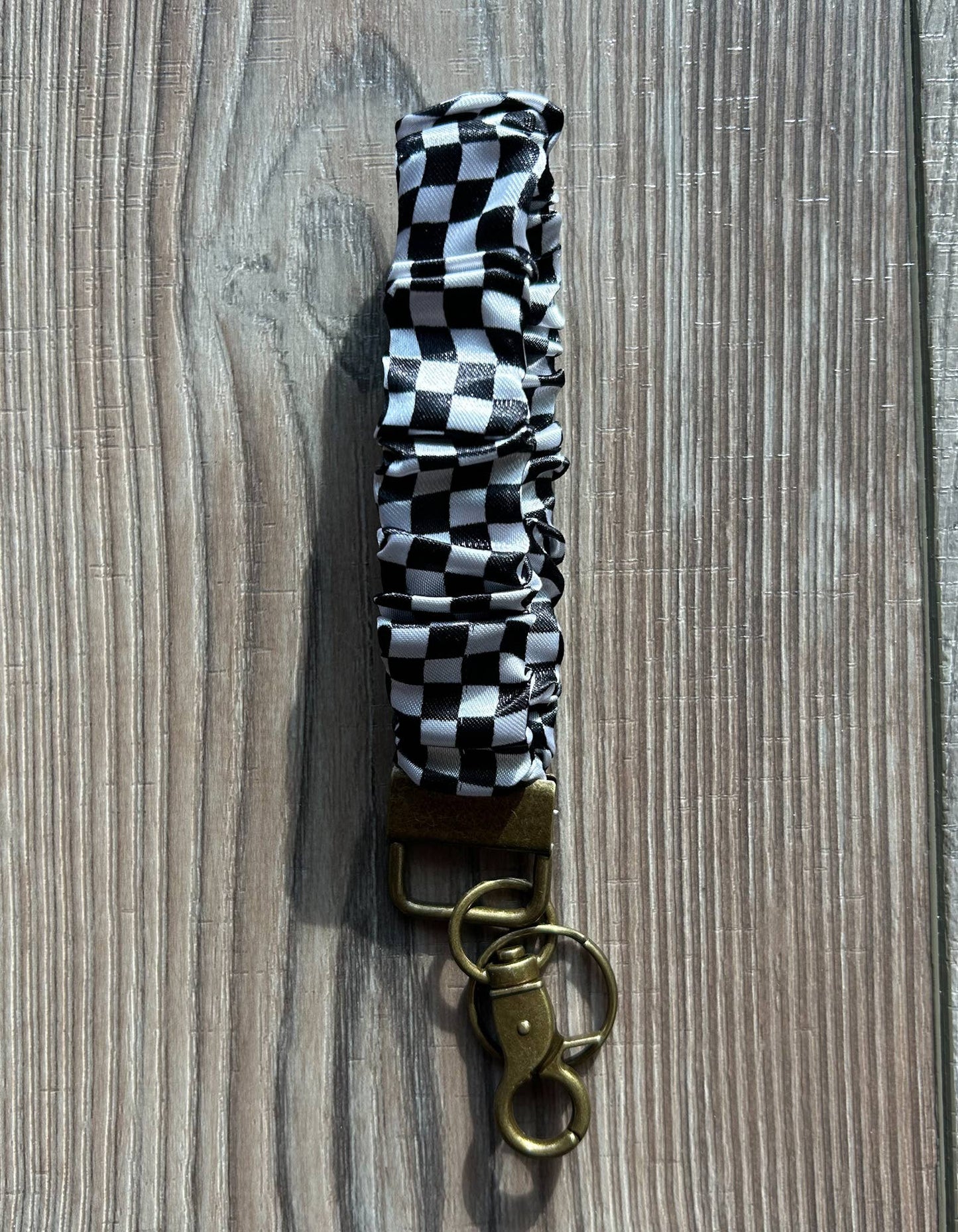 Silky Scrunchie Wristlet Keychain: Black Polka Dot