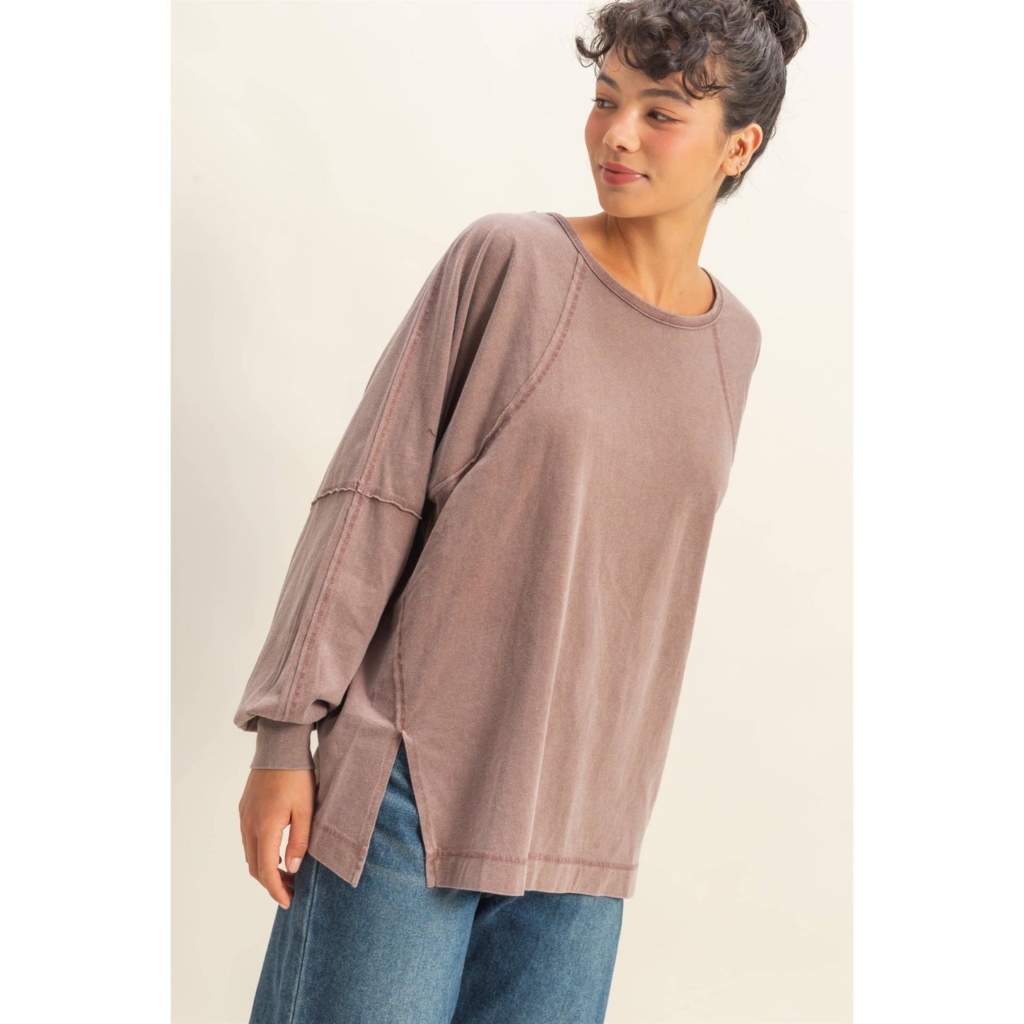 Washed Oversized Long Sleeve Top With Slit: BLACK / S-M-L(2-2-2)