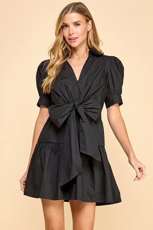 CD05177-Poplin Collared V Neckline Waist Bow Dress: BABY BLUE / M