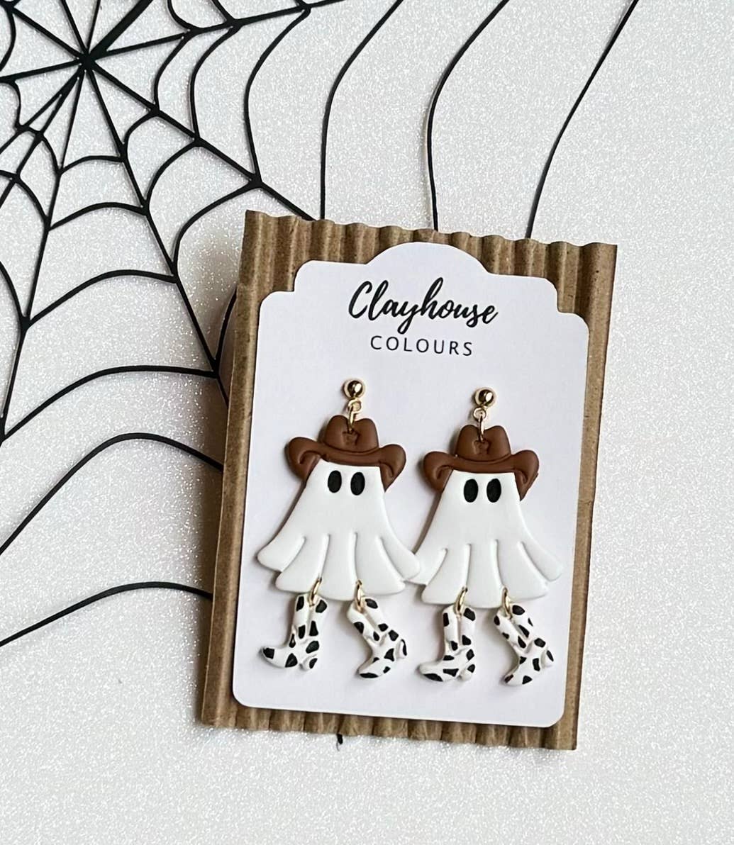 Cowboy Ghost Halloween Earrings : Stainless Steel / Pink/Pink Boots