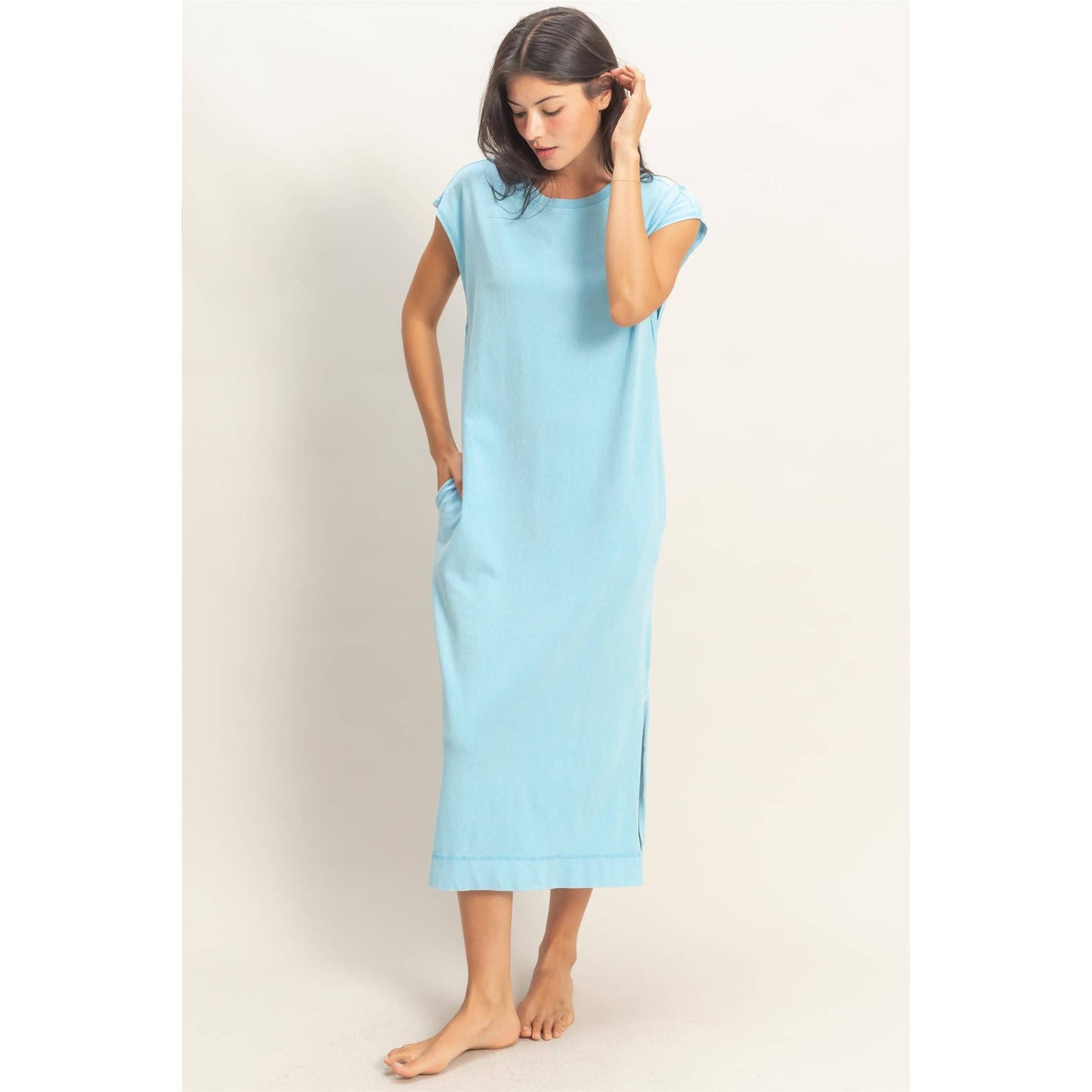 Mineral Wash Cap Sleeve Midi Dress: DARK TEAL / S-M-L(2-2-2)