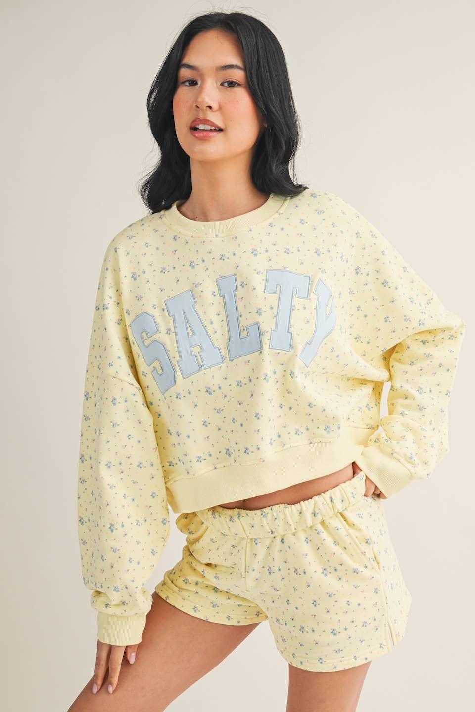 Salty Ditsy Print Crewneck Crop Sweatshirt: Pink Ditsy / L