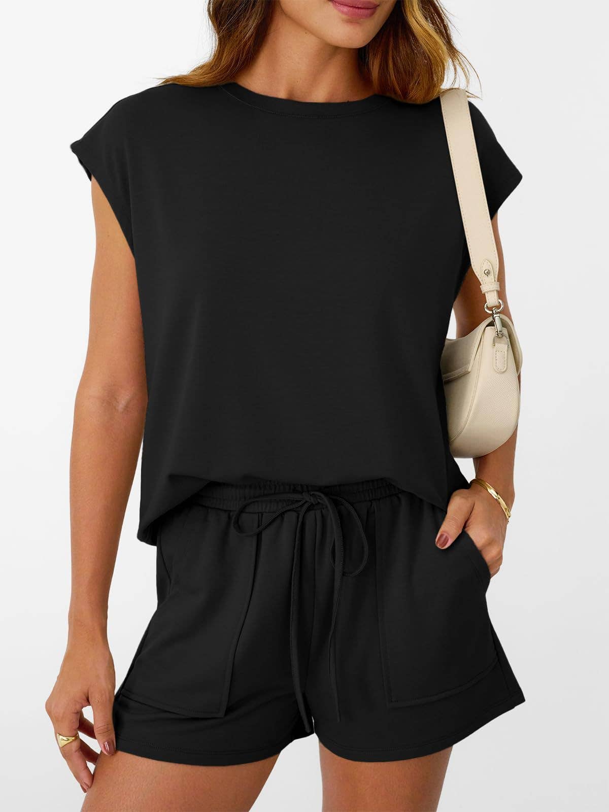 Womens Black Lounge Set Cap Sleeve Top and Shorts: Rose Red / 65%Polyester+30%Viscose+5%Elastane / M