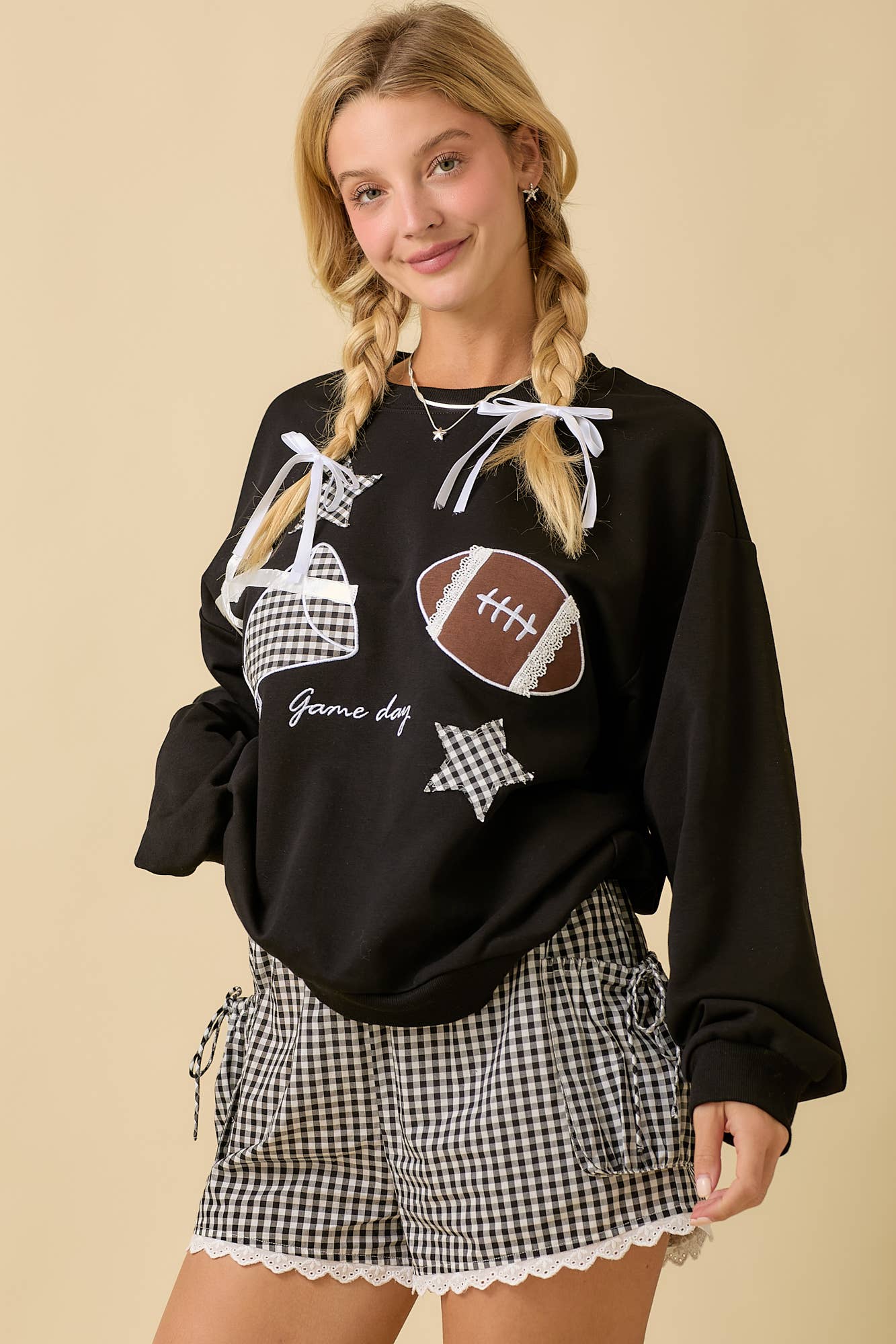 Football Game Day Patchwork Long Sleeve Crewneck Top: BLACK / S