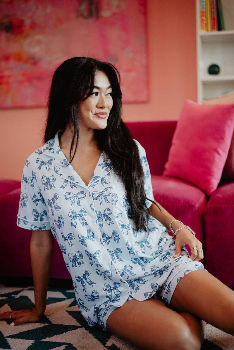 Toile Print Coquette Bows Cute Pajamas: Light Blue / L