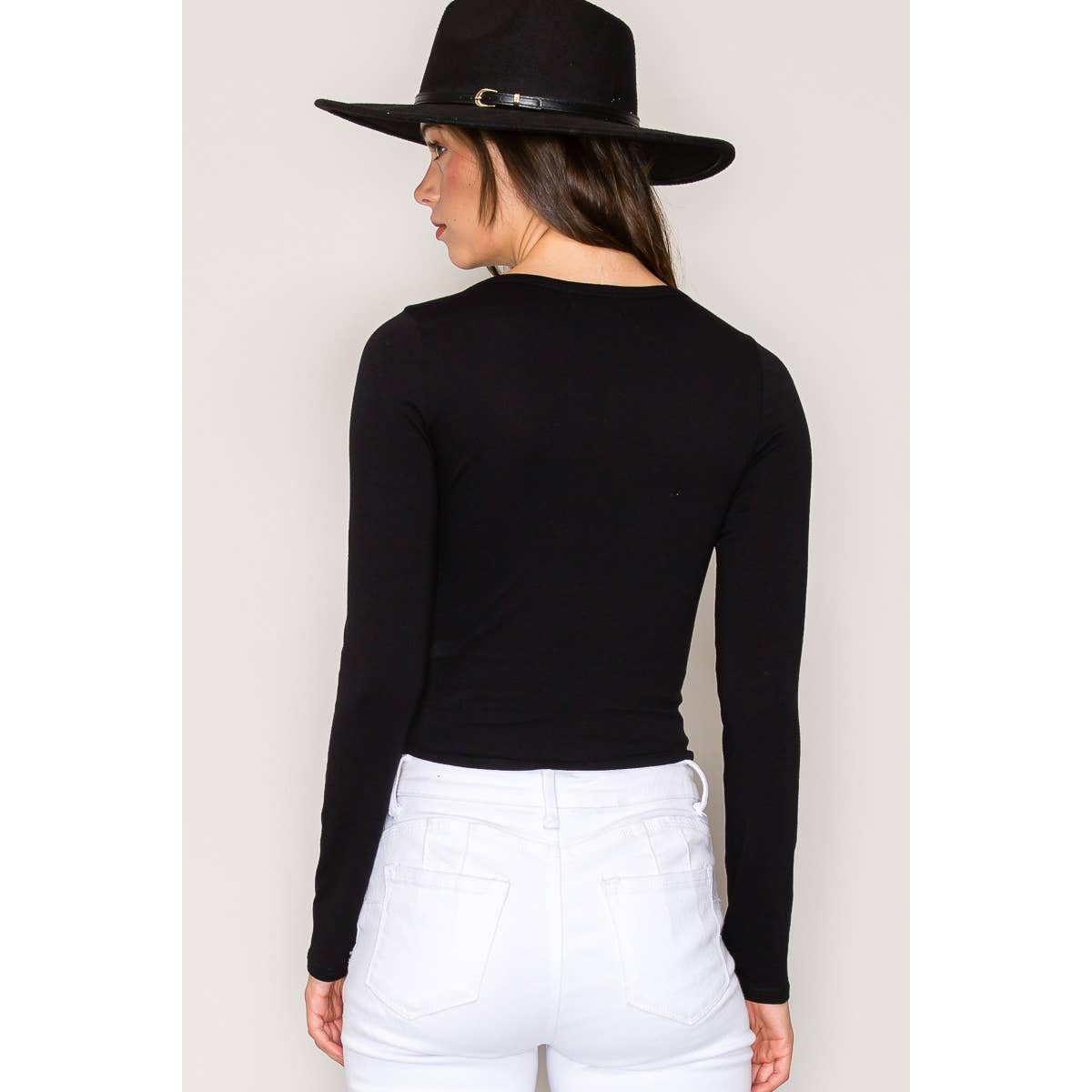 Notch V Neck Button Front Long Sleeve Cotton Top: Chili Oil / S-M-L(2-2-2)