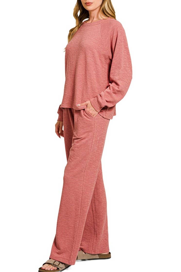 Slub Long Sleeve Top And Pants 2pcs Set: HUNTER GREEN / 1-1-1(S-M-L)