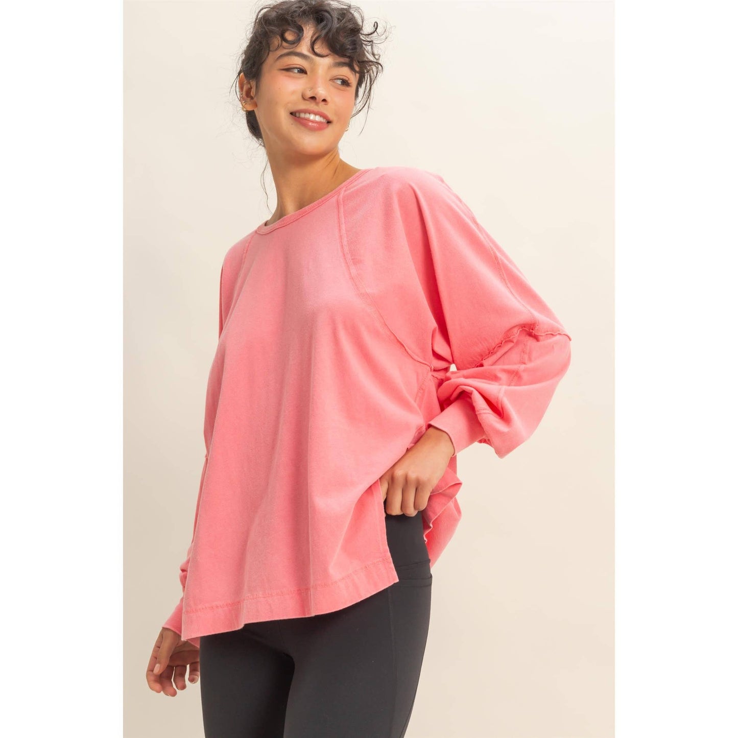 Washed Oversized Long Sleeve Top With Slit: CREAM / S-M-L(2-2-2)