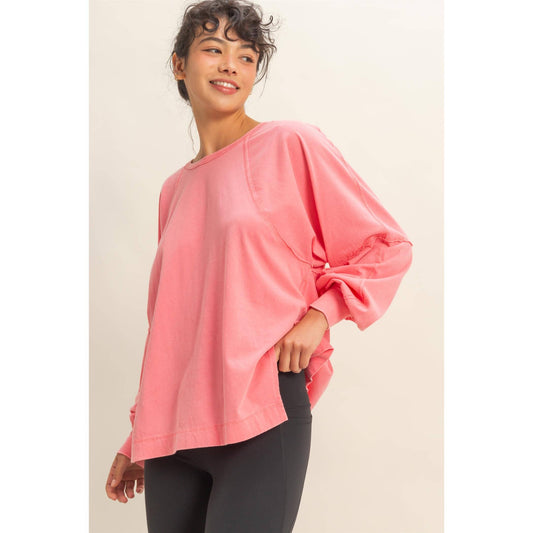 Washed Oversized Long Sleeve Top With Slit: TAFFY PINK / S-M-L(2-2-2)