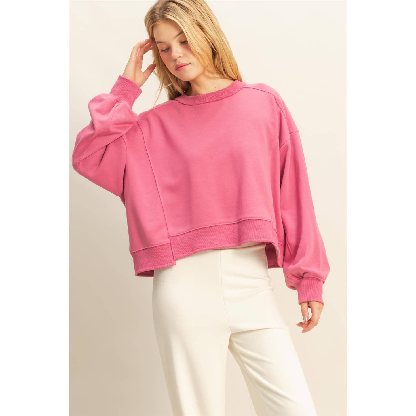 Layered Hem Sweatshirt With Raw Edges: MOSS GREEN / S-M-L(2-2-2)