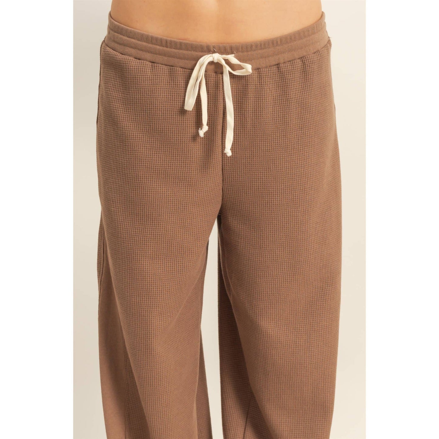 Waffled Knit Pants With Contrasting Ties: MOCHA / S-M-L(2-2-2)