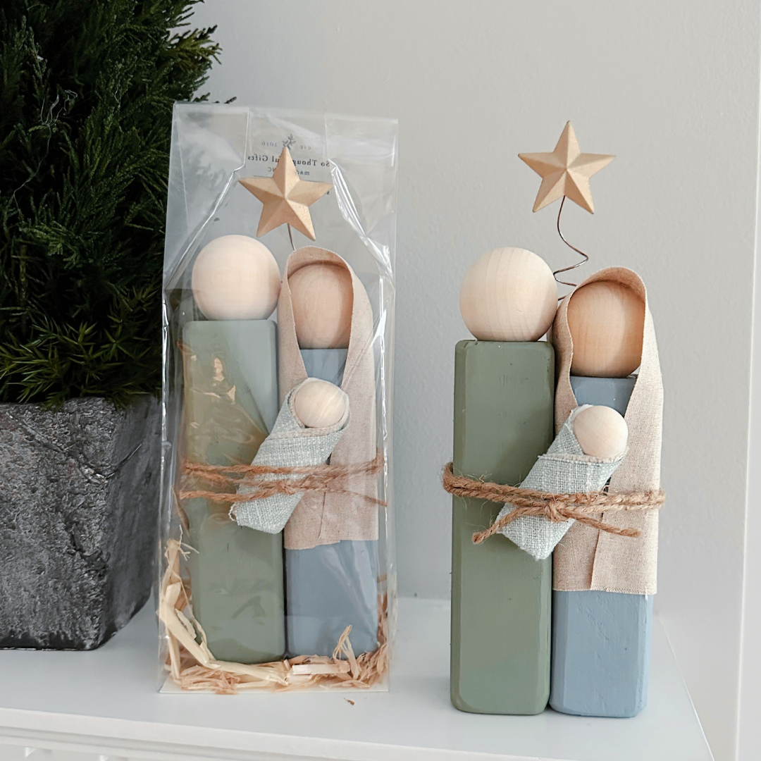 Simple Wooden Nativity Set | Hand-painted | Gift Wrapped: Gray & White