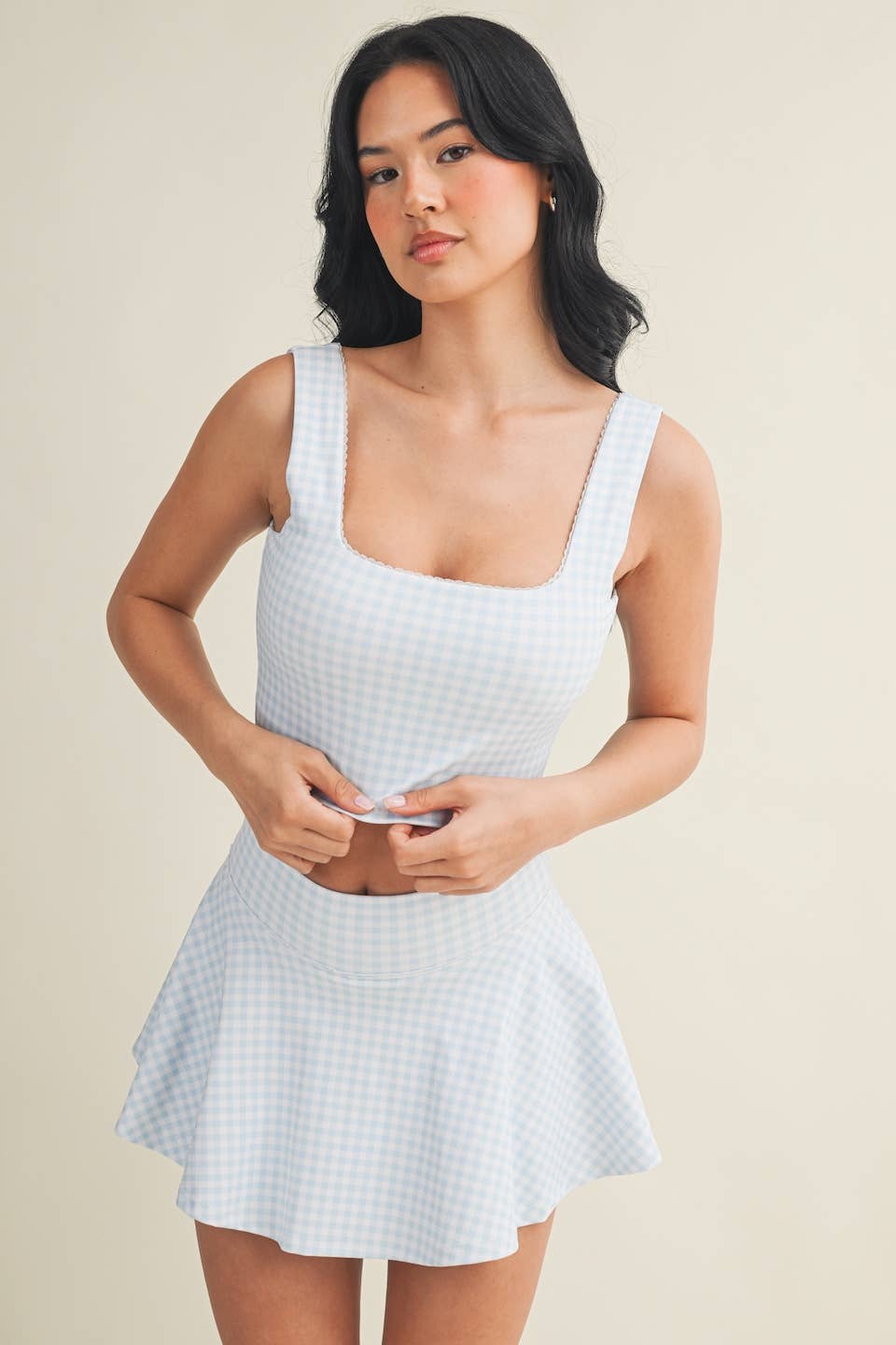 Gingham Print Crop Tank with Lace Trim: Pink Gingham / S