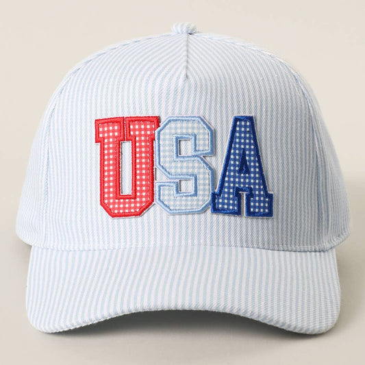 USA Embroidered Patch Varsity-Style Stripe Trucker Hat 
: BLUE
