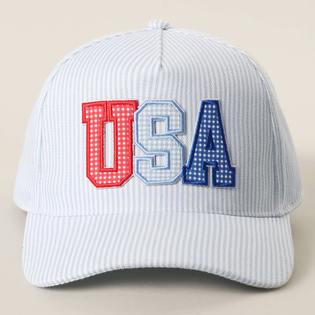USA Embroidered Patch Varsity-Style Stripe Trucker Hat 
: PINK