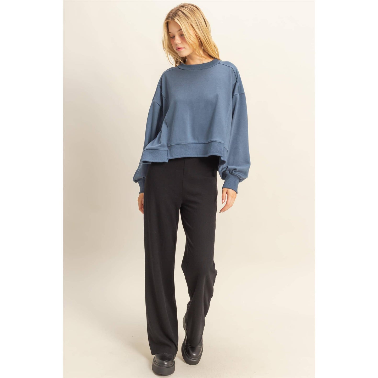 Layered Hem Sweatshirt With Raw Edges: MOSS GREEN / S-M-L(2-2-2)
