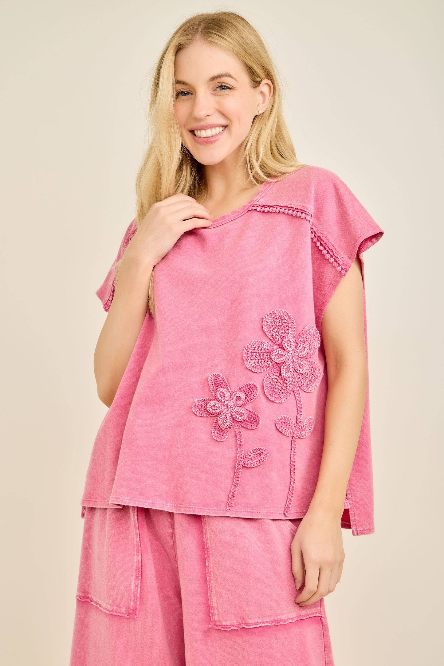 Mineral Washed Flower Garden Sleeveless blouse top HT7012: Papaya / S-M-L / 2-2-2