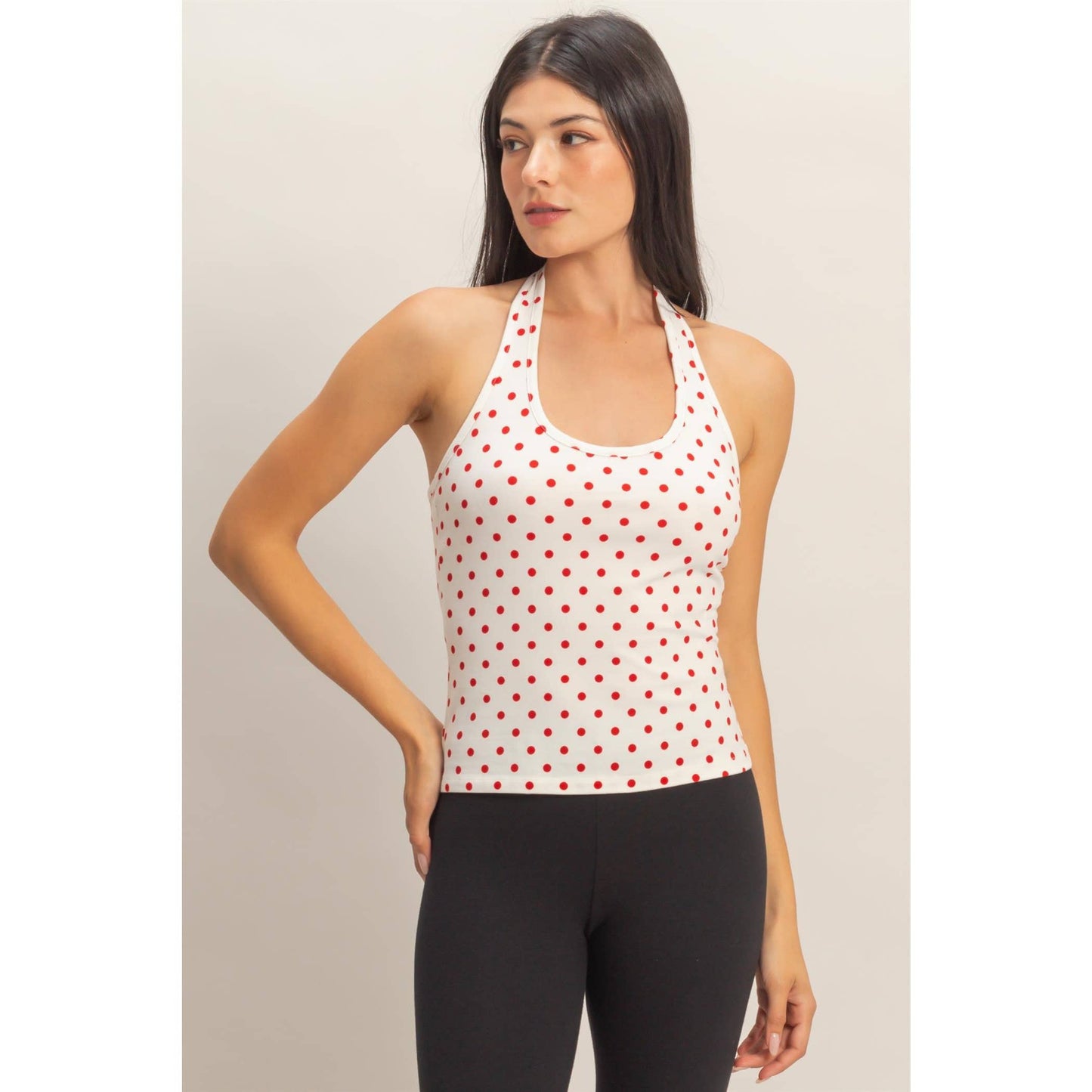 Polka Dot Halter Top: BROWN / S-M-L(2-2-2)