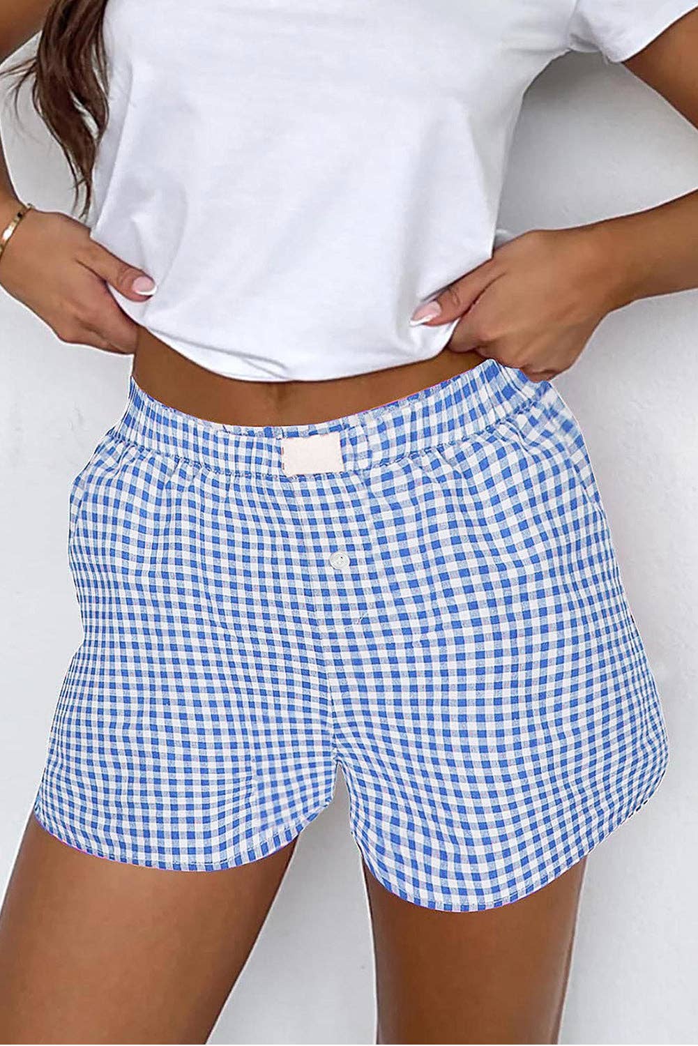 Red Gingham High Waisted Elastic Waist Summer Shorts: Red Stripe / 100%Polyester / M