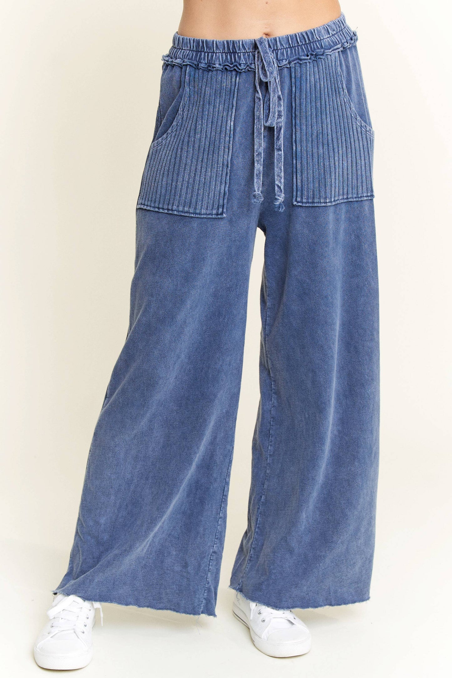 Mineral Wash Side Knit detail wide leg pants HE5878P: Midnight Green / S-M-L / 2-2-2