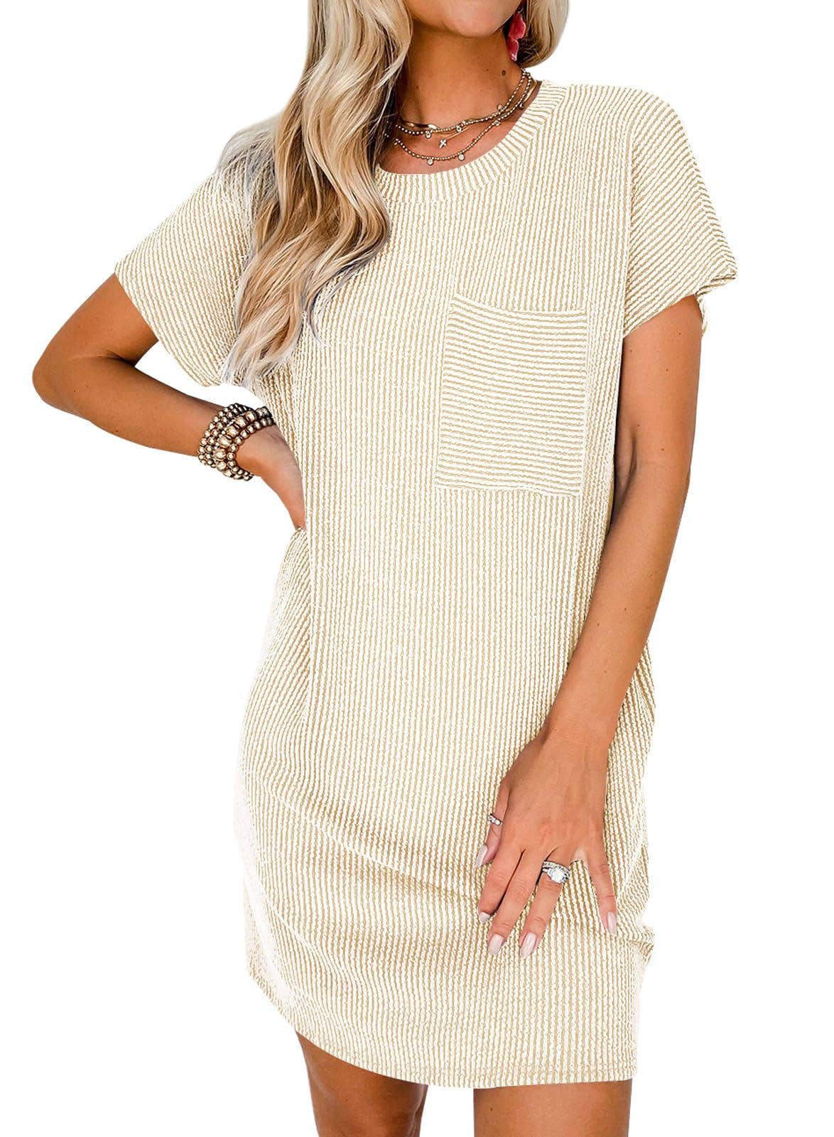 Summer Casual T-shirt Short-sleeved Dress (With Pockets): Black / 65%Rayon + 35%Polyester / M