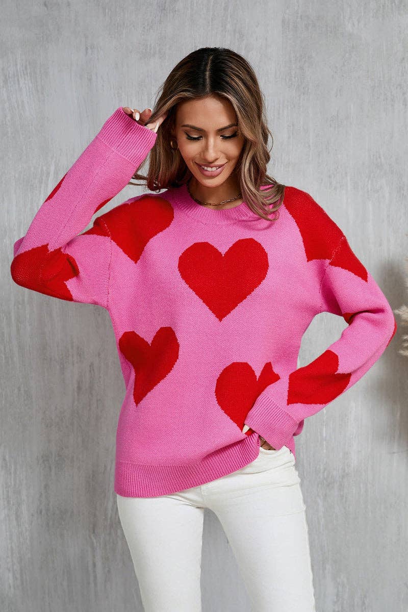 Valentine Heart Knit Sweater Pink Red Pullover Top: Rose Red / L