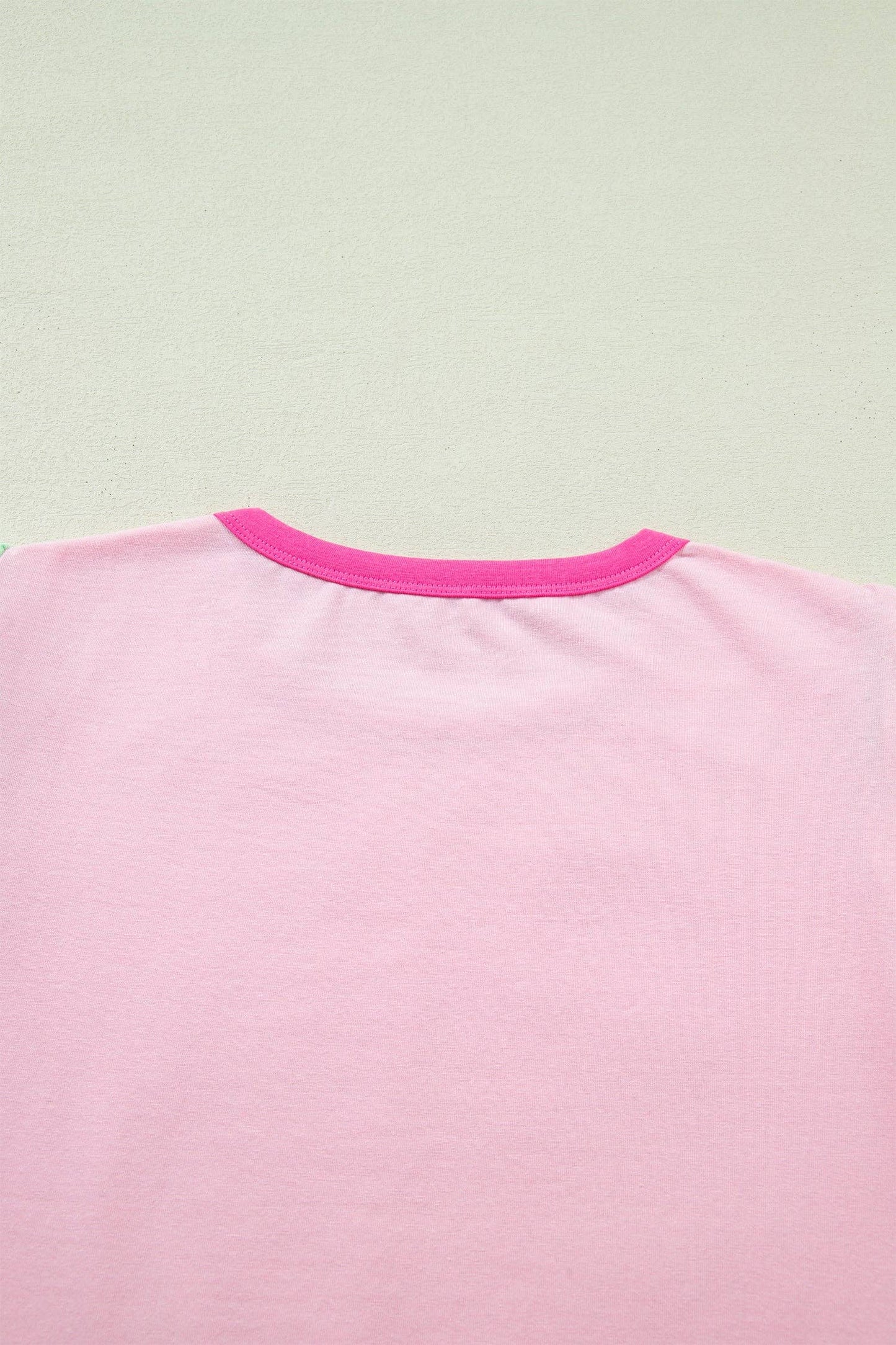 Pink Colorblock Flutter Sleeve Round Neck T Shirt: Pink / 95%Cotton+5%Elastane / S