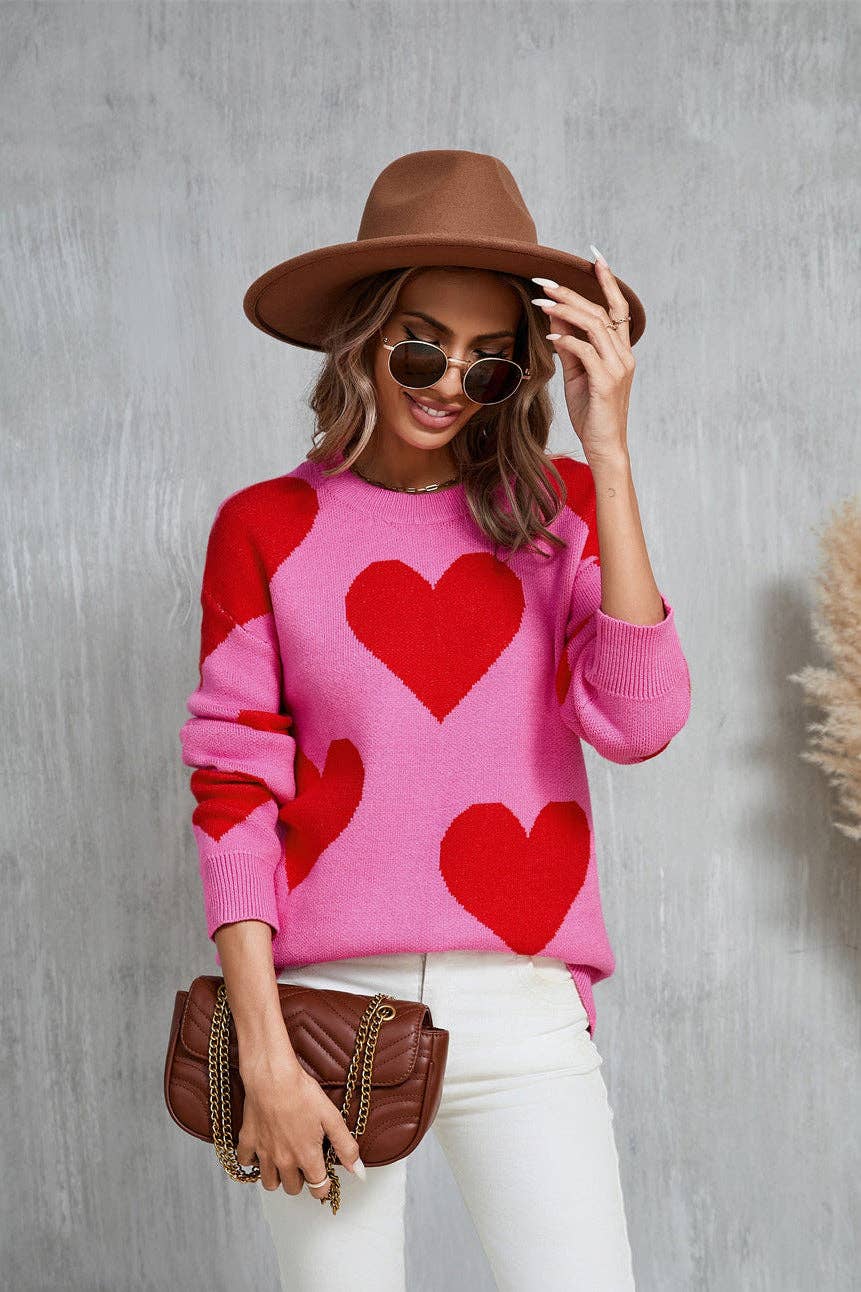 Valentine Heart Knit Sweater Pink Red Pullover Top: Rose Red / M