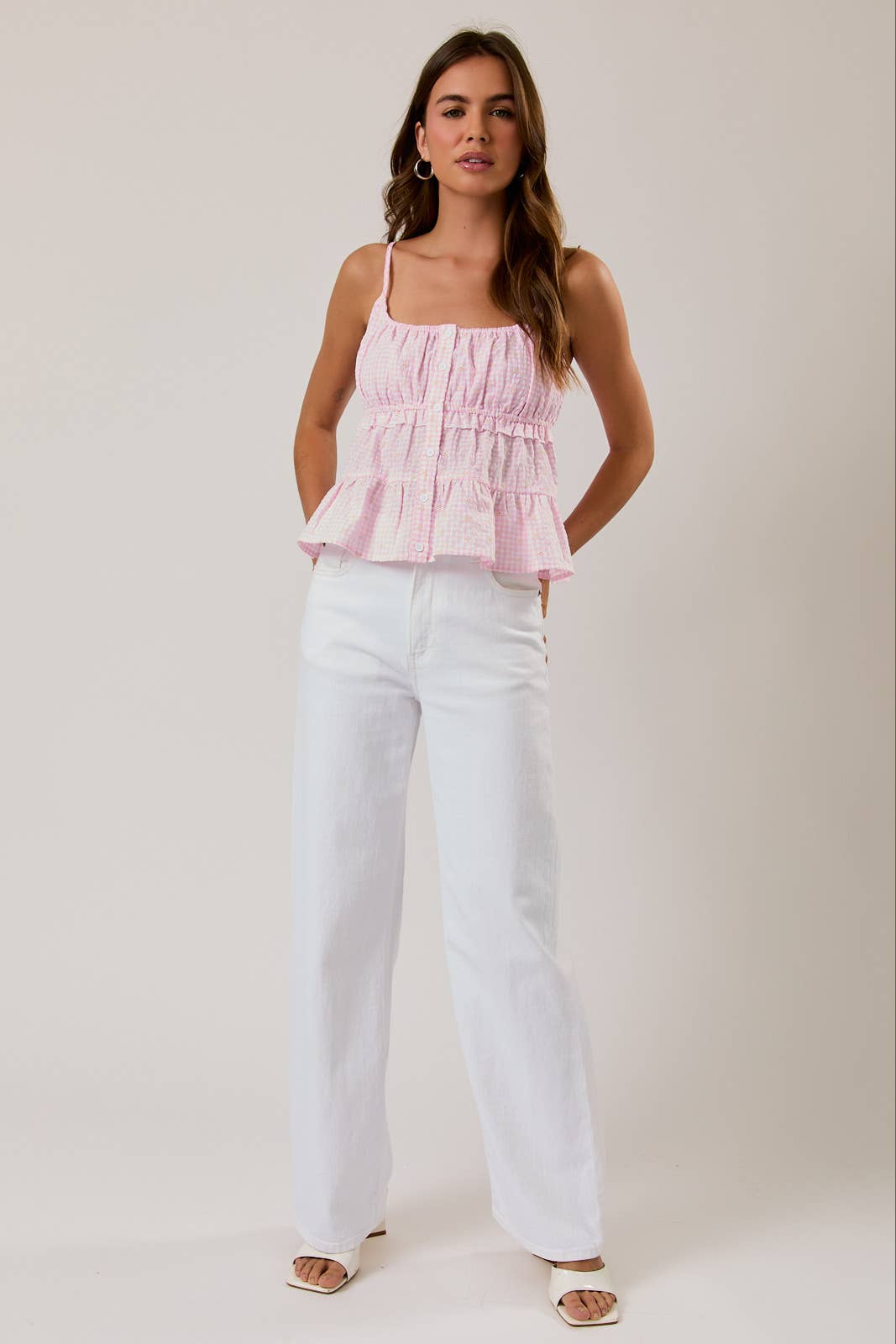 SHIRRED NECK BABYDOLL SPAGHETTI TIERED TOP: PINK GINGHAM / XS