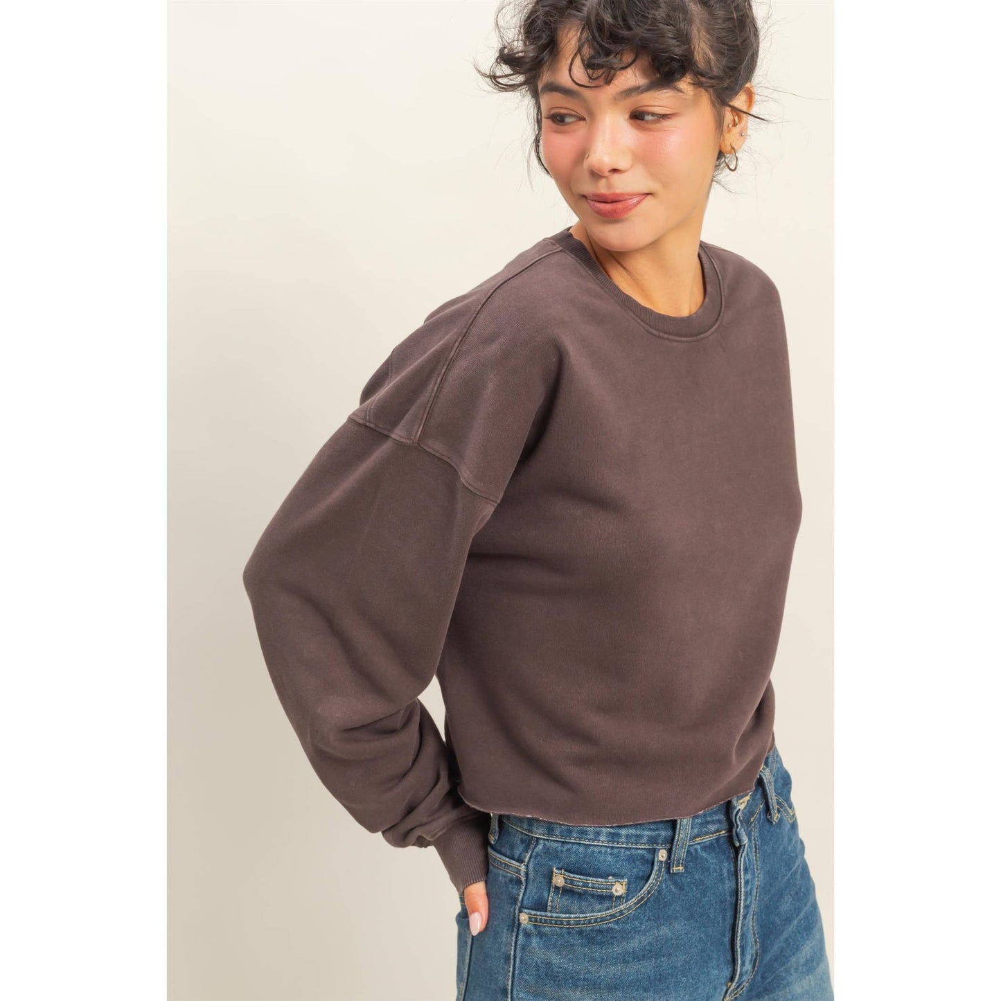 Cropped Crewneck Sweatshirt With Oversized Sleeves: TAFFY PINK / S-M-L(2-2-2)