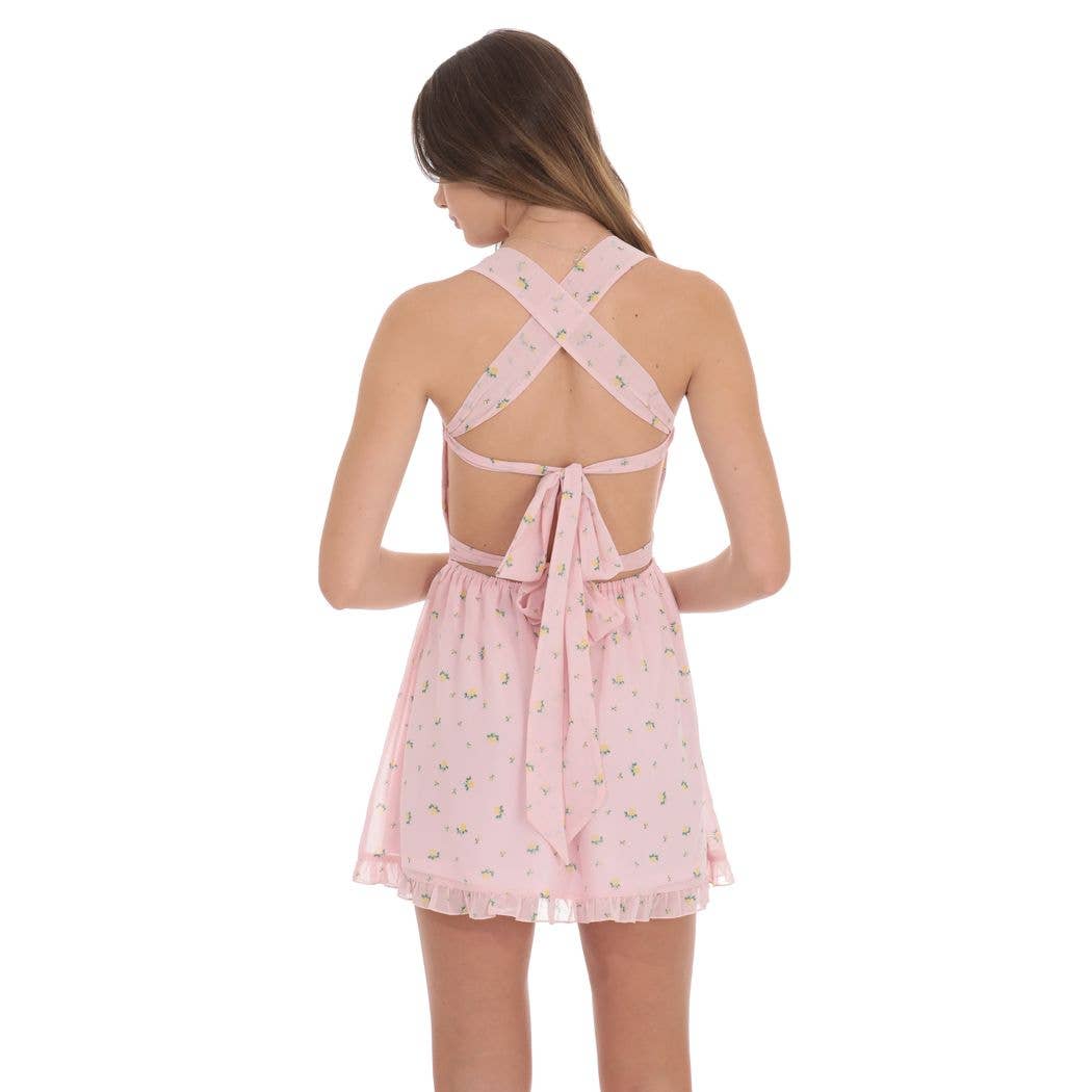 Floral Strappy Back Bows Dress in Pink: S
