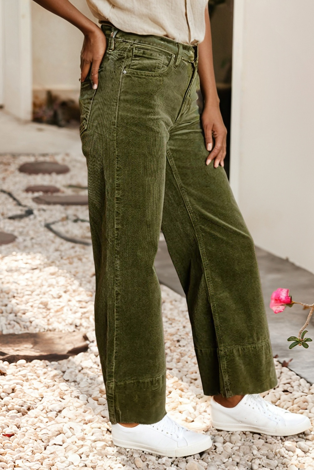 LDC Solid Color High Waist Corduroy Wide Leg Pants: Vineyard Green / S