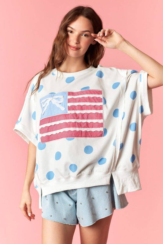 Big Dot French Terry Stars And Stripe Flag Patches Top: LT BLUE / OFF WHITE / 2-2-2(S-M-L)