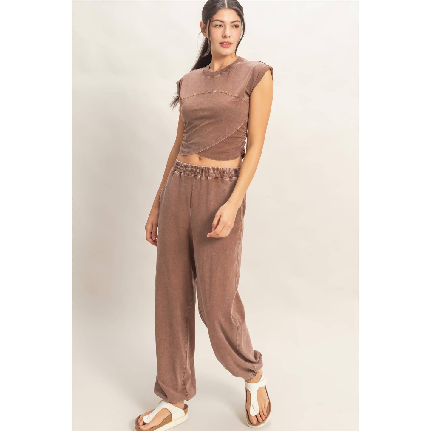 Rolled Sleeve Wrap-Front Crop Top And Jogger Set: DARK TEAL / S-M-L(2-2-2)