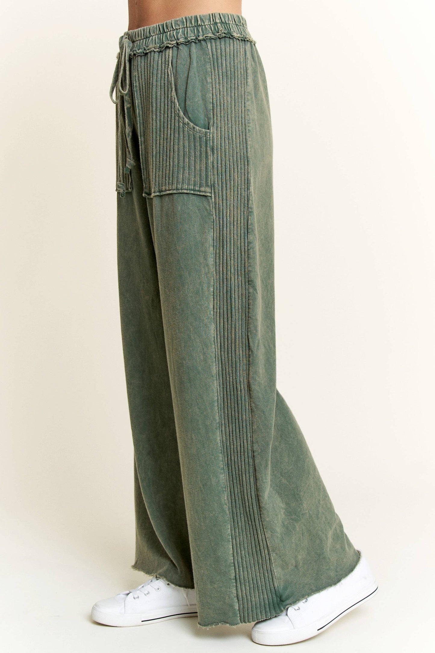 Mineral Wash Side Knit detail wide leg pants HE5878P..: Olive / S-M-L / 2-2-2