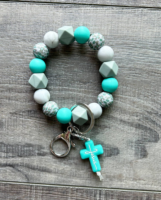 Faith Jesus Cross Wristlet Keychain: Teal
