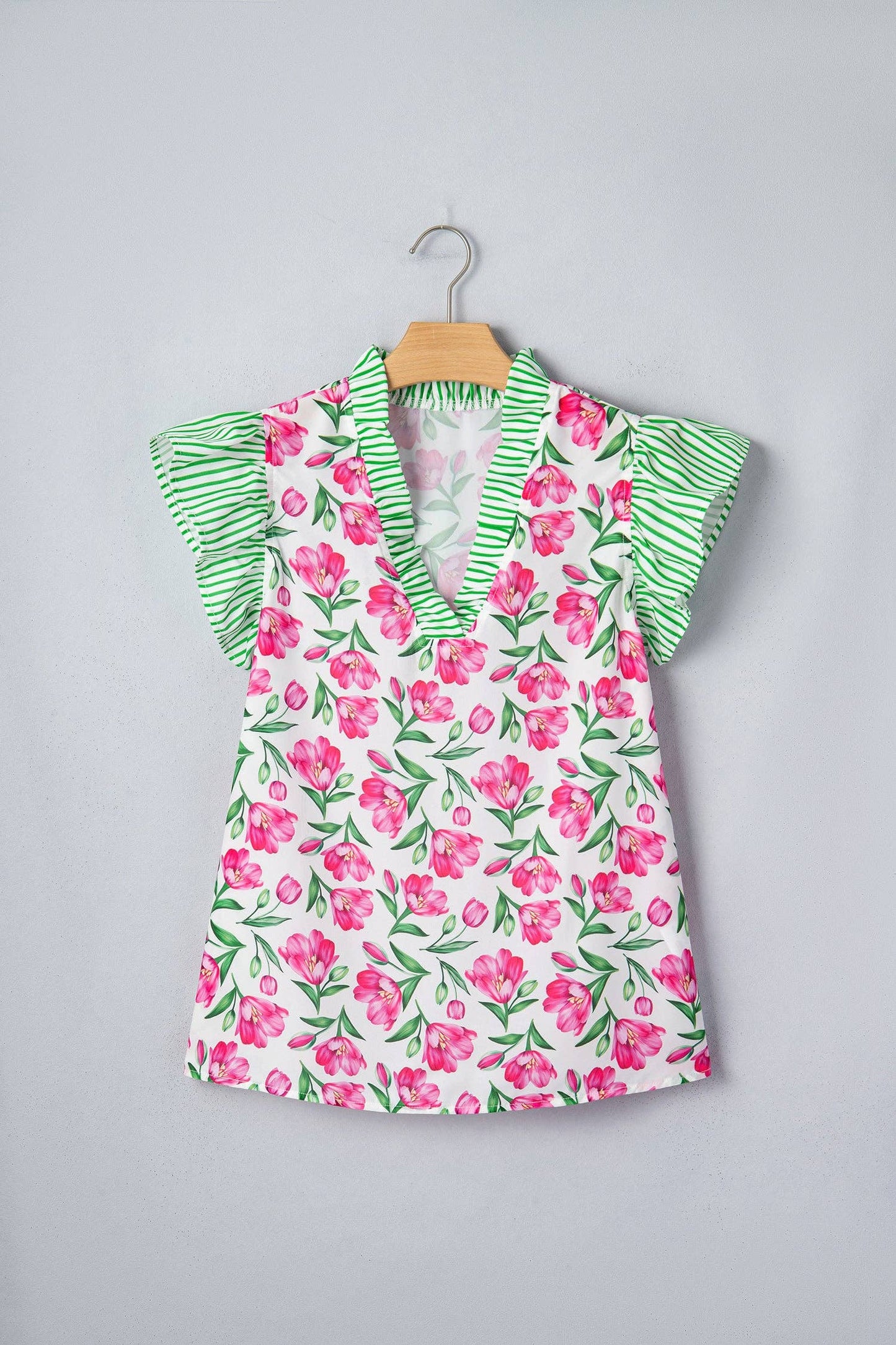 Multicolour Sweet Floral Print Striped Ruffle Trim V Neck Blouse: Multicolour / 100%Polyester / S