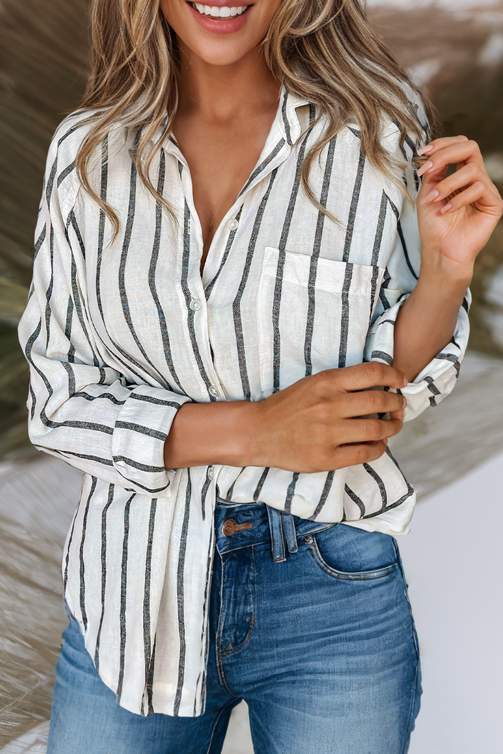 LDC Collared Neck Button Down Stripe Blouse: Pink / S