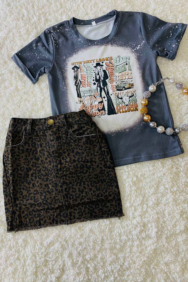 DLH2553 Leopard printed denim fabric girls skirts w/pocket: XXXL-7/8