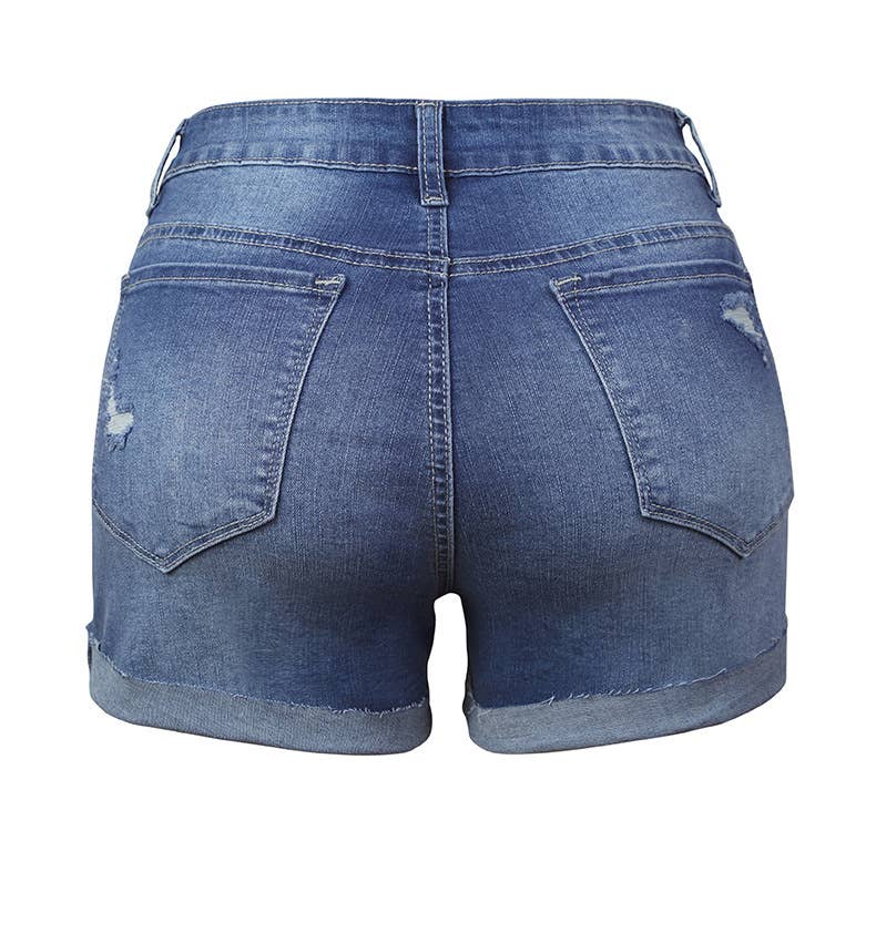 Stretch Button Denim Short: Blue / S
