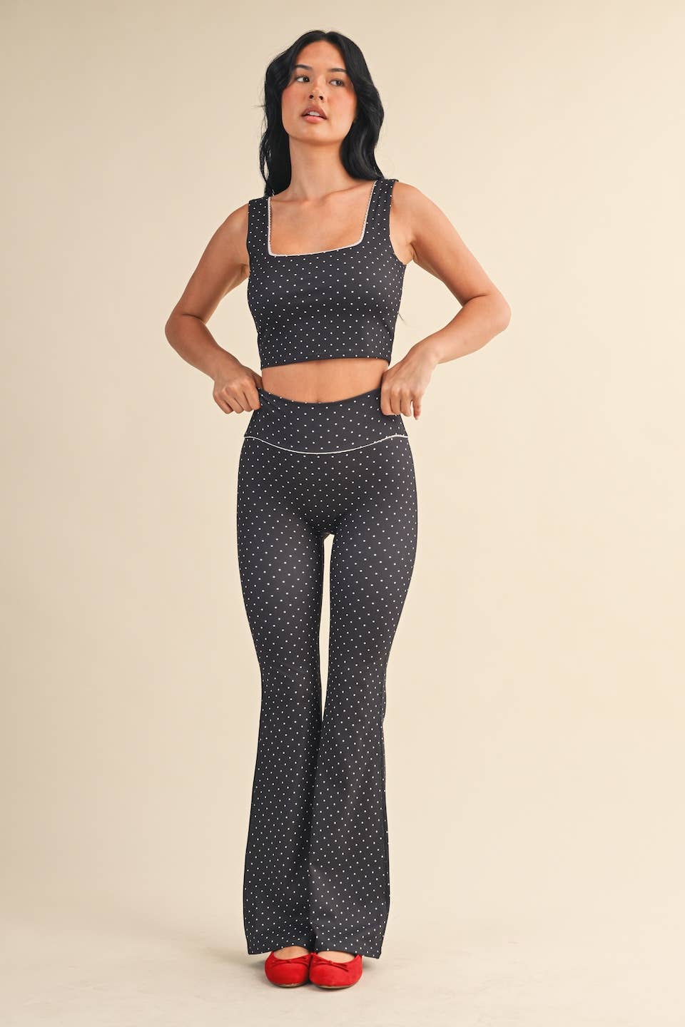 Polka Dot Print Crop Tank with Lace Trim: Black Polka Dot / L