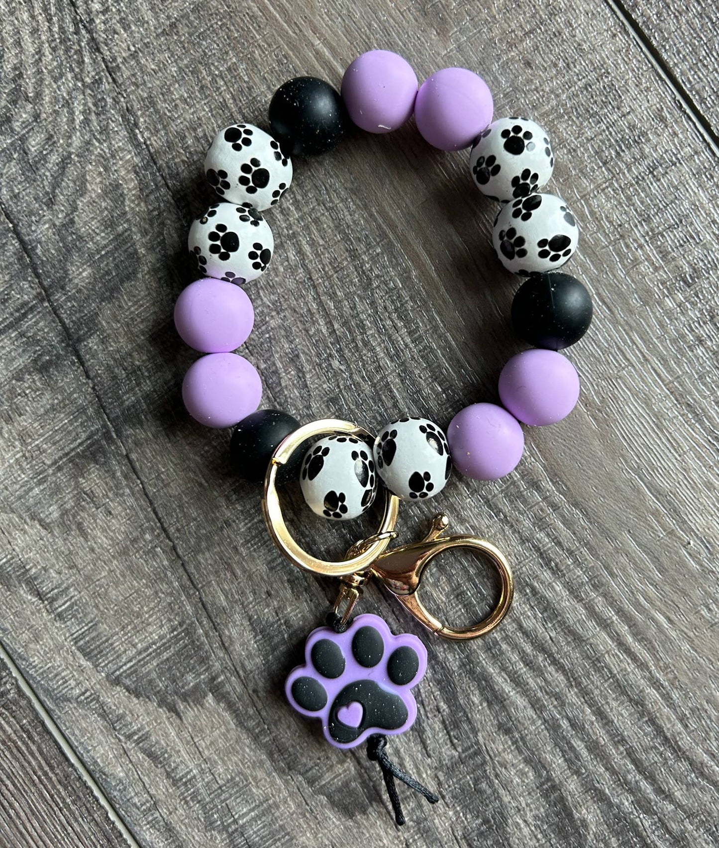 Paw Print Silicone and Wooden Bead Wristlet Keychain: Teal