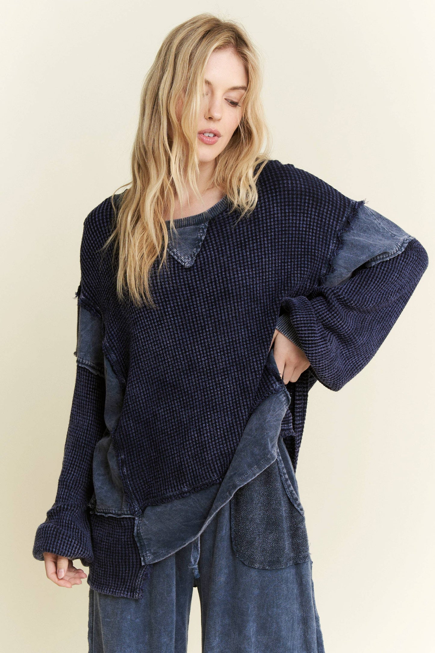 MineralWash Waffle and terry oversized fall shirt HT5989.: Midnight Green / S-M-L / 2-2-2
