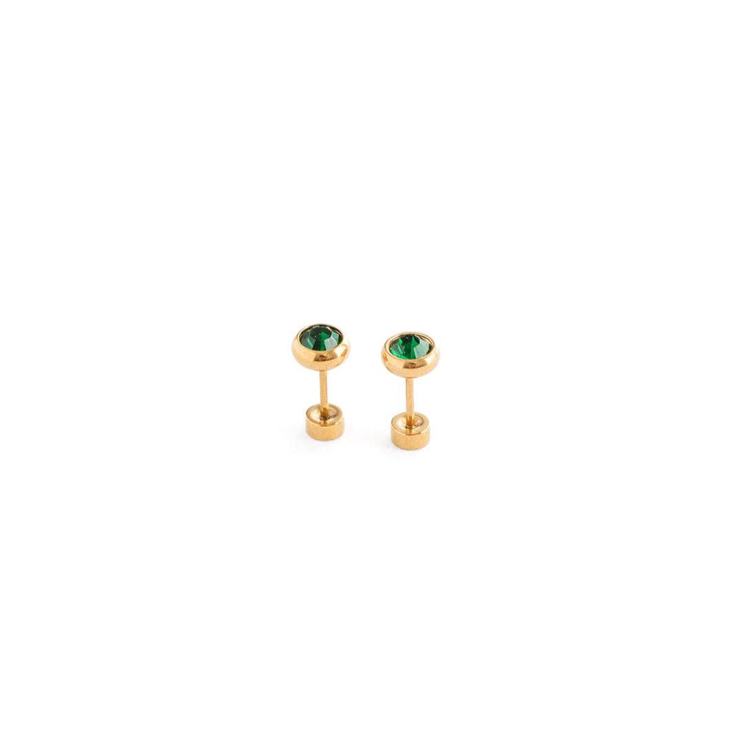 Emerald Stud Earrings - Hypoallergenic, Flat Back, Girl Gift: Pair